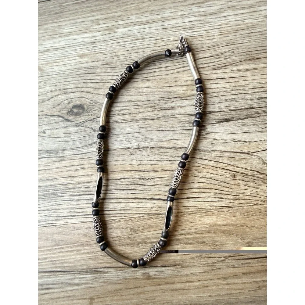 Y2K Men Black Bead Necklace Silver Tone Tribal Boho Surfer street grunge skater